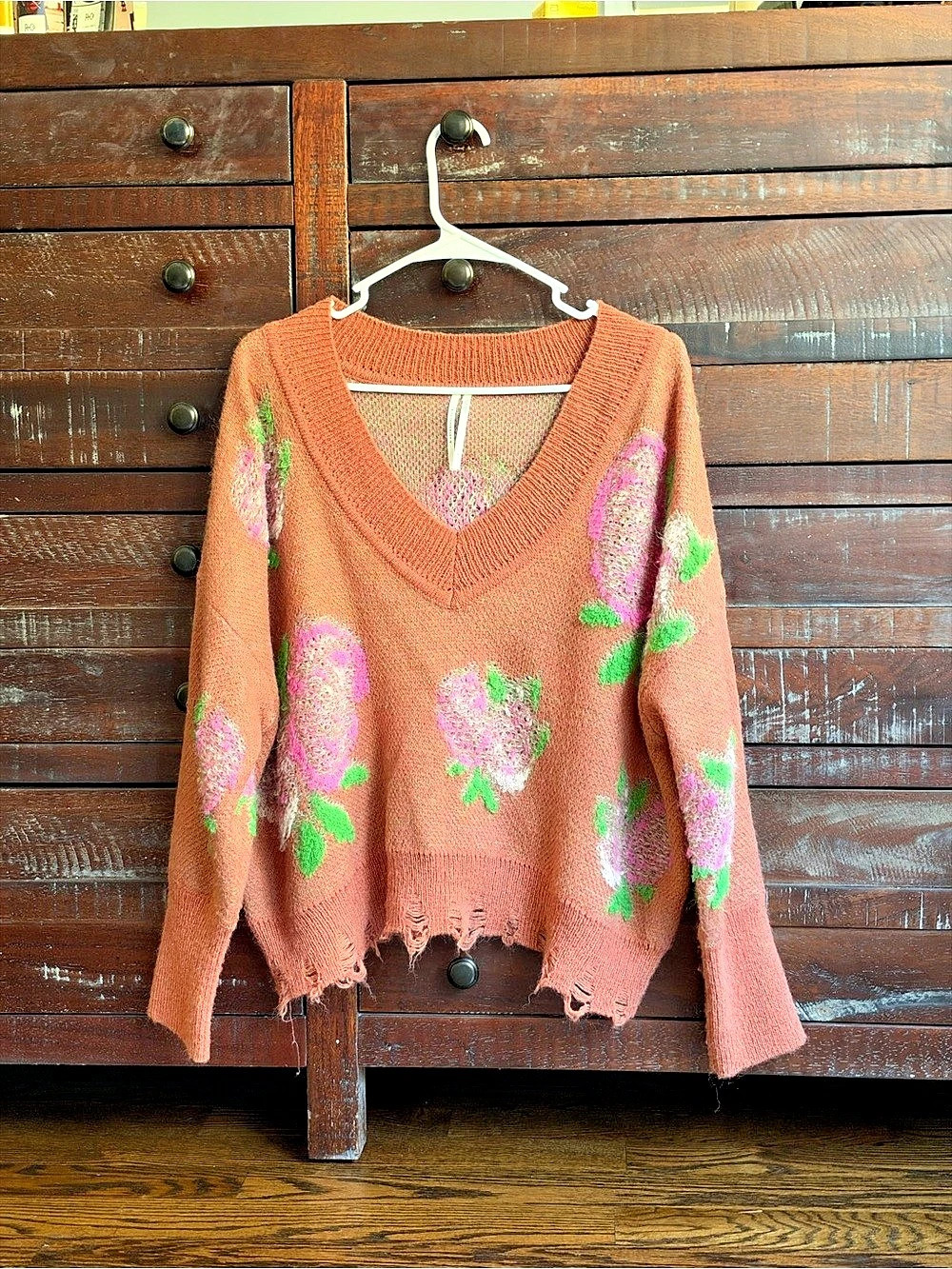 Anthropologie Floral V-Neck Sweater Orange Small